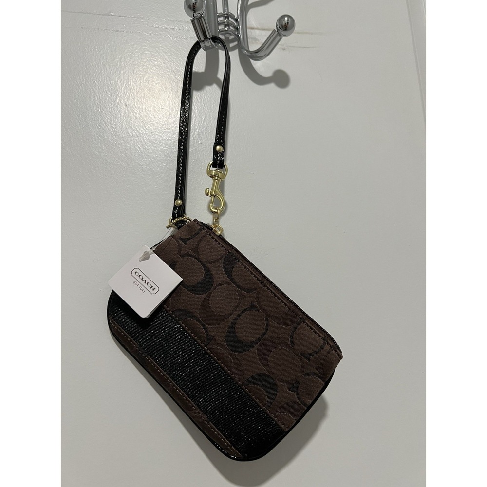 Coach Corner Zip Wristlet in Signature Canvas w/ Stripe in Walnut/Black NWT $58